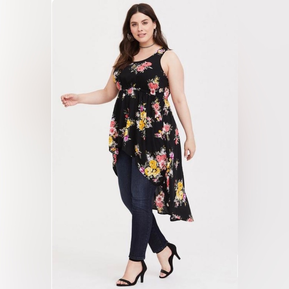 Torrid Challis Black Floral Babydoll Hi-Low Sleeveless Long Tank Top Sz 0 L Boho